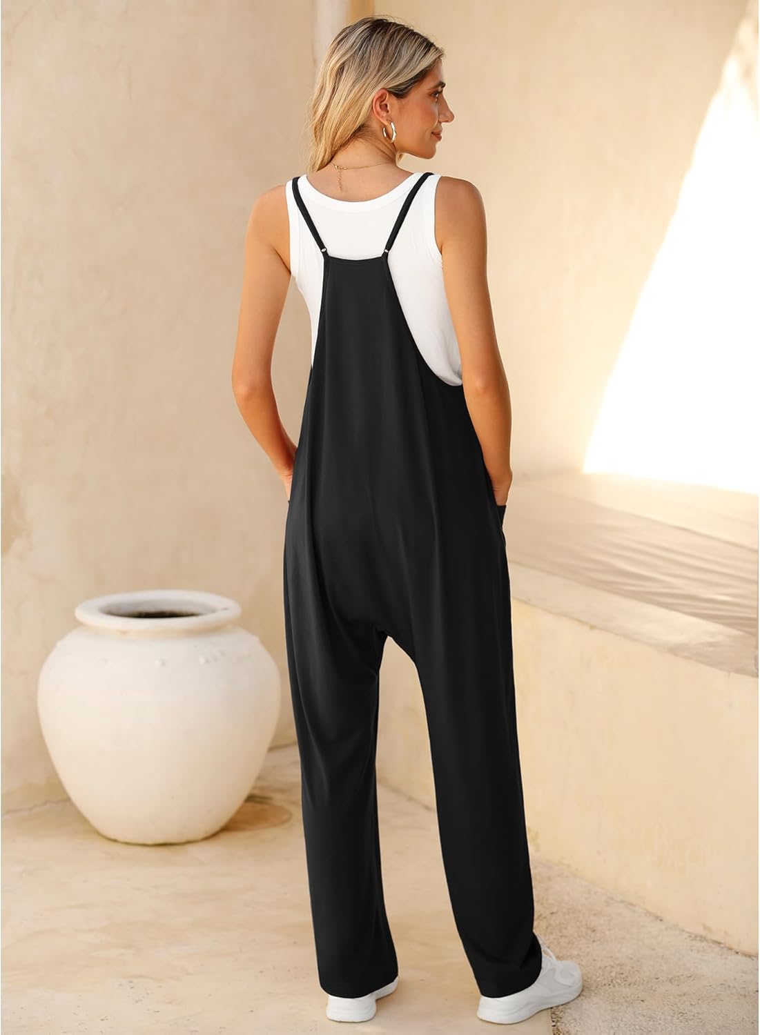 LILBETTER Women's Loose Casual V Neck Sleeveless Jumpsuits Adjustable Spaghetti Straps Long Pants Overalls With Pockets - Image 3