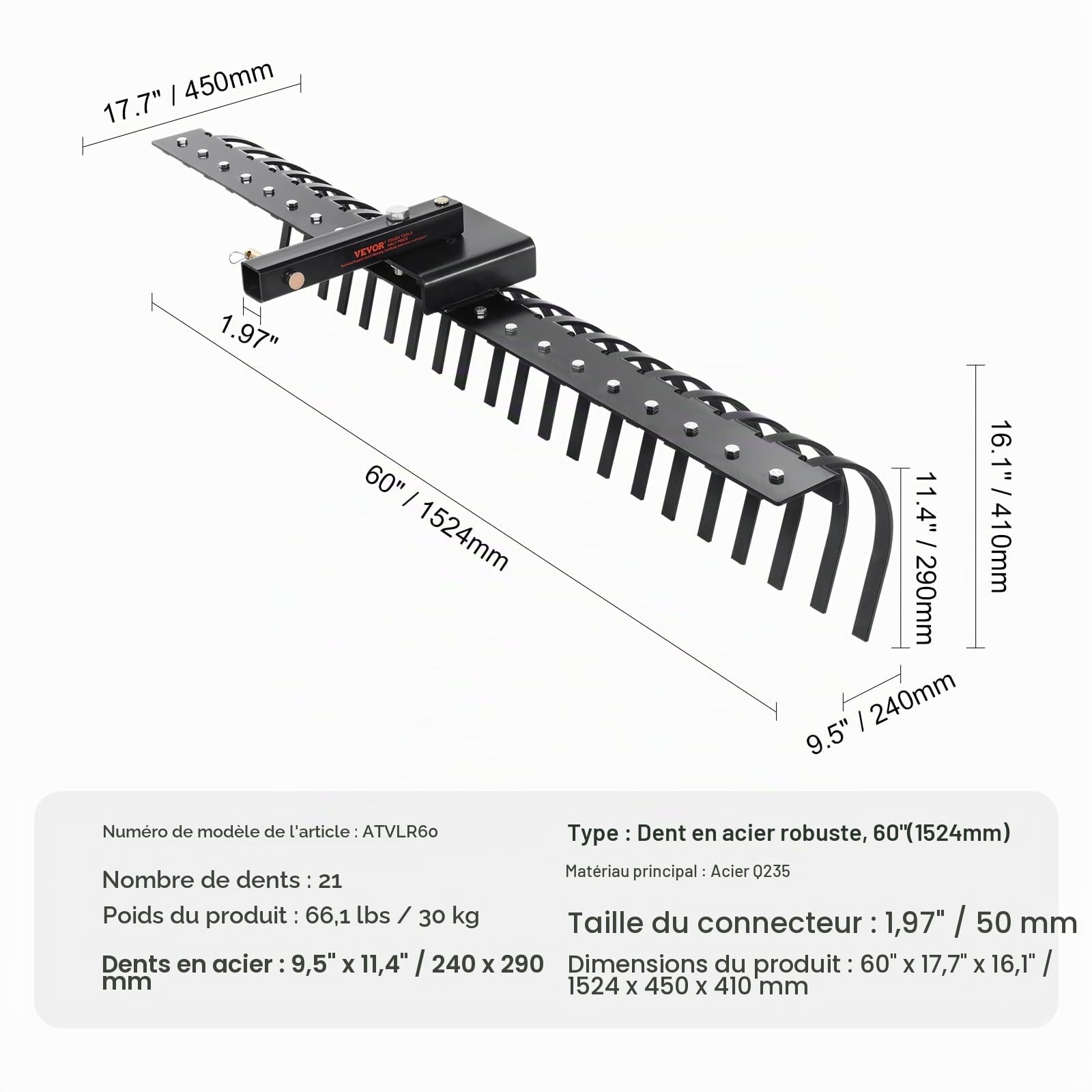 VEVOR Râteau paysager remorqué, 1524 mm, râteau déchaumeur avec 21 dents bobine acier, râteau pour barres d'outils 1219-1524 mm et système suspension à 3 points, pour feuilles, aiguilles de pin, herbe