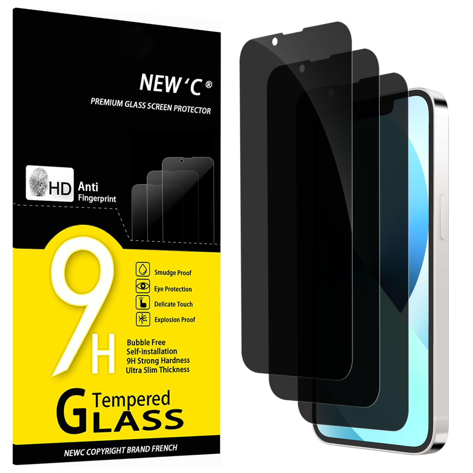 NEW'C Pack of 3 Privacy Screen for iPhone 13 Mini for Tempered Glass (5.4 Inches) for Tempered Glass, Balanced 35 Degree Protection Angle with Eye Protection, Ultra Durable 9H Hardness, Bubble-Free