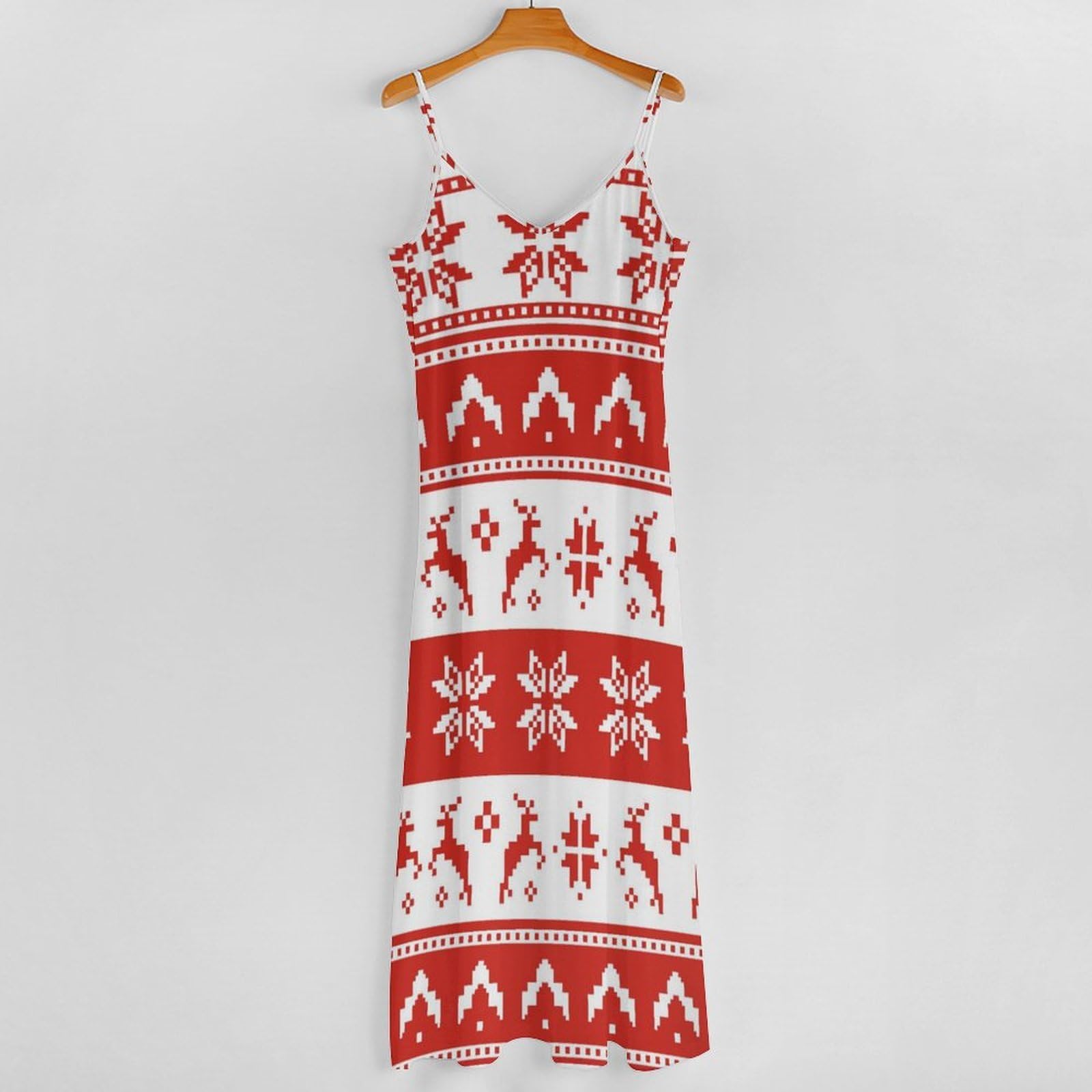 Abito estivo da donna, lungo, motivo albero di Natale, scollo a V, spalline sottili, abito da spiaggia