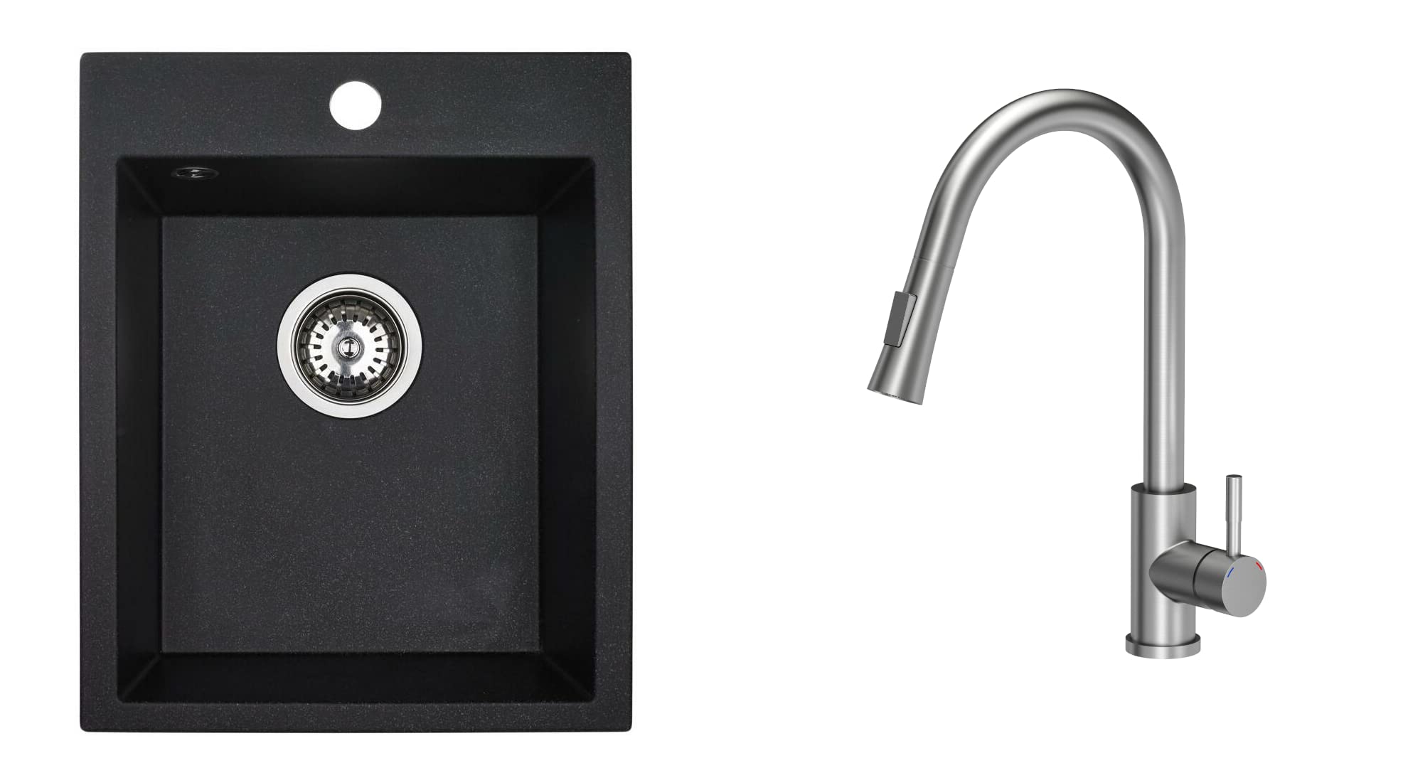 VBChome Fregadero de 48 x 39 cm, color negro, granito, rectangular, moteado, gran lavabo profundo, granito, sifón y grifo inox