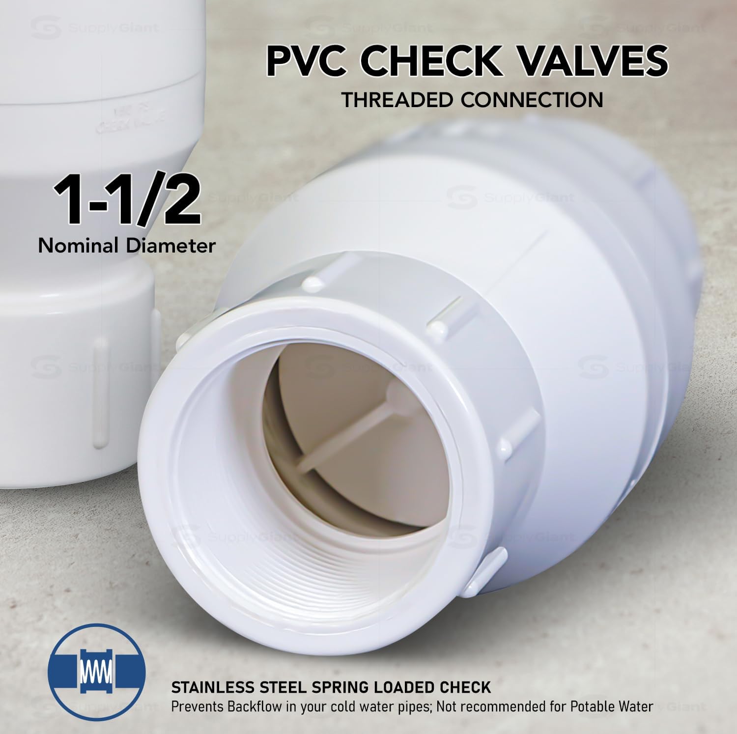 Midline Valve 4I2U112 PVC Inline Check Valve for Backflow Prevention 1-1/2'' FIP White Plastic