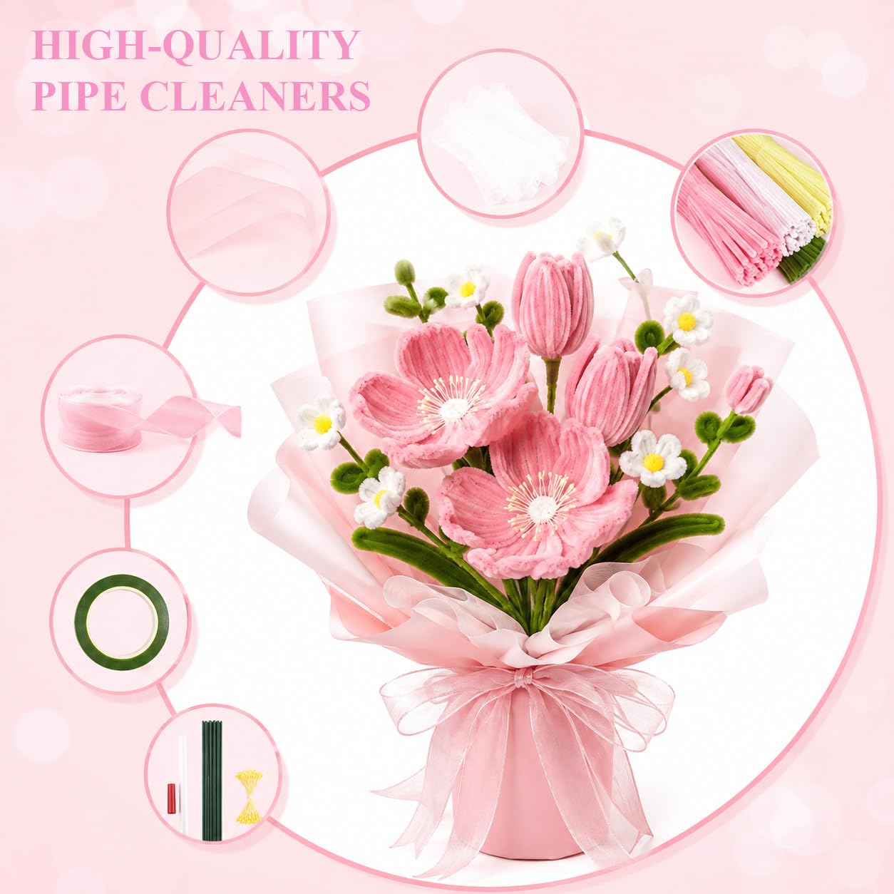 2000 Pcs Pipe Cleaners Craft, 40 Colors Pipe Cleaner Flower Kit for DIY