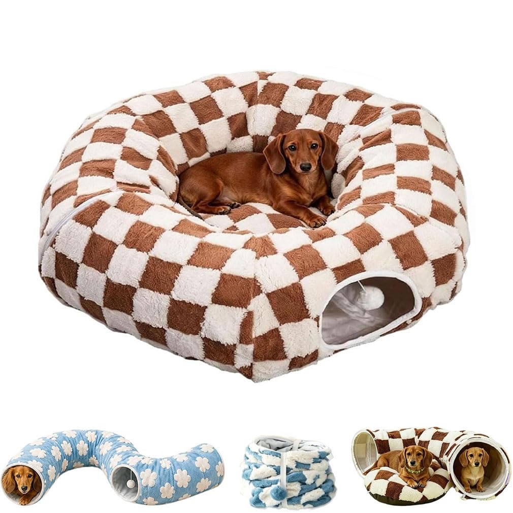 Dachshund Tunnel Bed, Foldable Dog & Cat Tunnel Bed with Plush Ball & Cushion, 3in 1 Plush Large Pet Donut Tunnel Bed, Interactive Cat Play Tunnel Toys, Multifunctional Cat Tunnels for Indoor，A