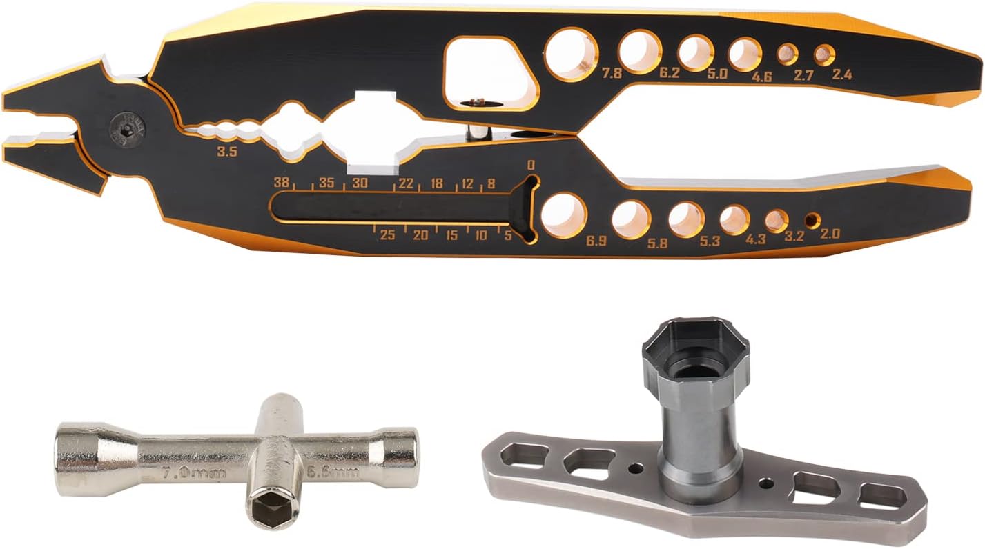 RC Shock Pliers Multi-Function Rod Ball Clamp Tool & 17mm Wheel Nut Wrench & Mini Cross Wrench for 1/8 1/10 RC Cars Trucks Crawlers Buggy, Gold-Black