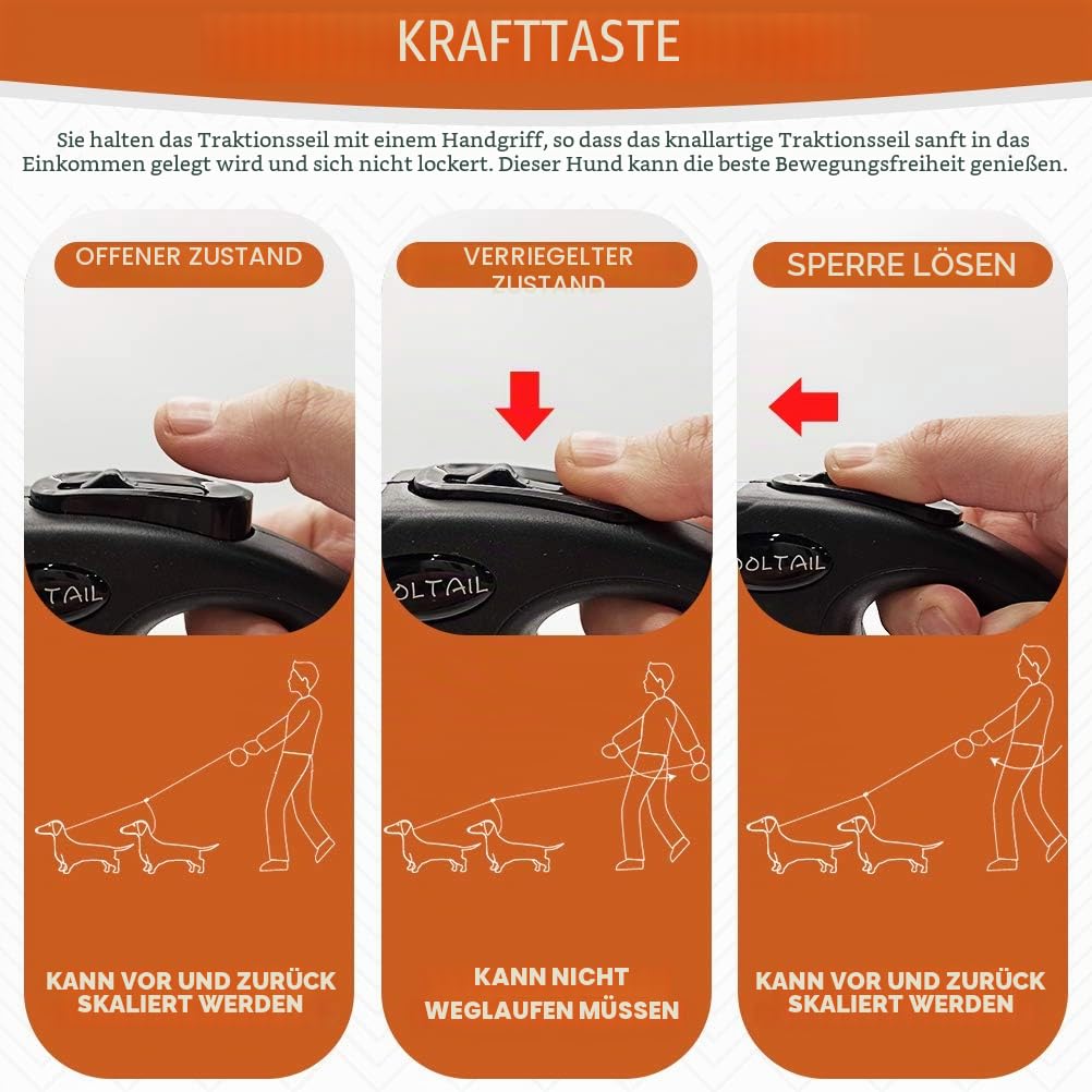 KOOLTAIL Dual Retractable Hundeleine für Zwei Hunde bis 110 Lbs, Heavy Duty Doppelkopf 16 ft Erweiterbare 360° Tangle-Free One Button&Lock Bremse Hundeleine für kleine mittlere Orange