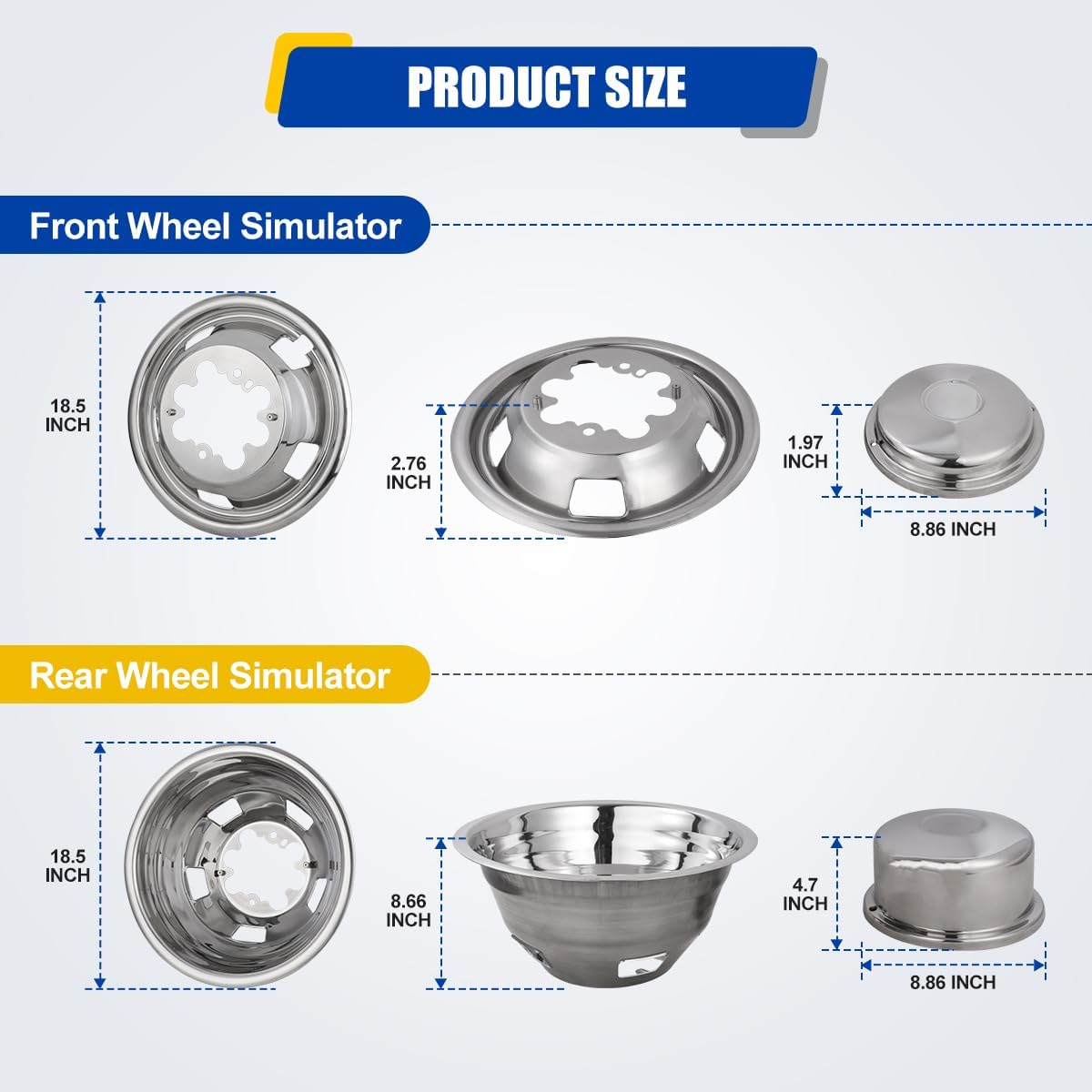 WolfX 17 Dually Wheel Simulators for Dodge Ram 3500 2003-2018 Stainless Material Front Rear Wheel Cover Hub Cap Replacement, 4 PCS