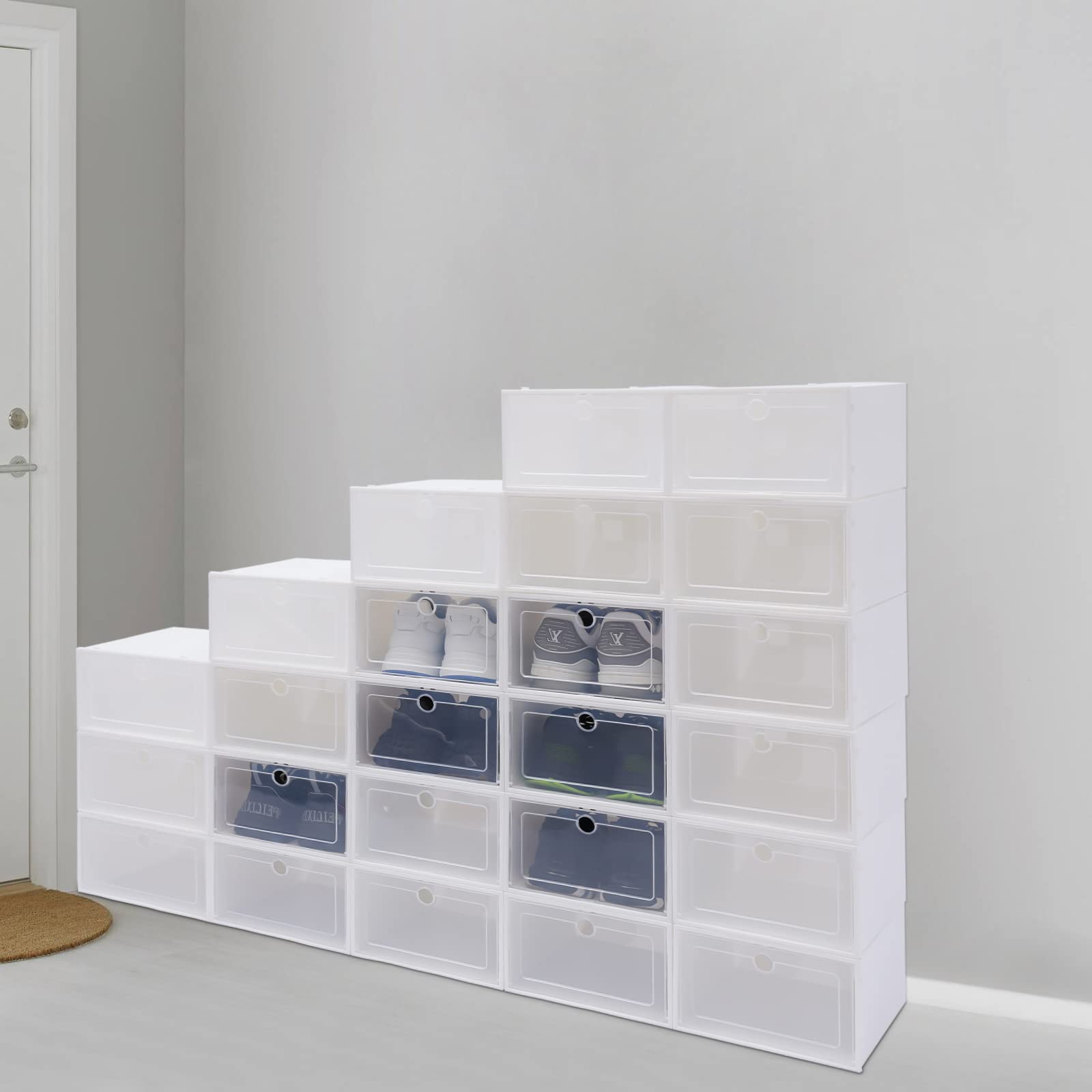 Juego de 24 Cajas Organizadoras Almacenaje Zapatos Transparentes con Tapa, Caja Plástico, Almacenamiento Zapatos Planos, Tacones Altos, Zapatillas Deportivas, Color Blanco