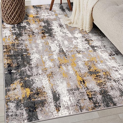 Modern Abstract Yellow Area Rug 5' x 7' - Stain Resistant - for Rugshop Tralee