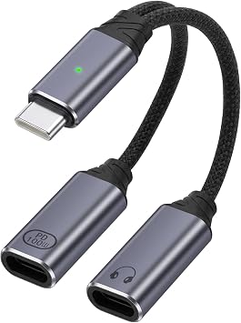 USBC Splitter 2 Port, USB-C Charger Adapter PD 100W Fast Charging + USB-C Headphone Jack Adapter/480 Mbps Date, Transfer Compatible with Smartphone, Tablet and More - Gray