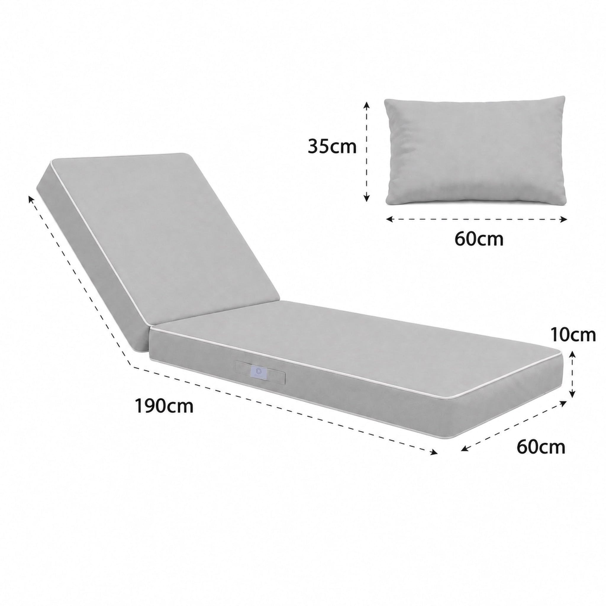 Cuscino Lettino Prendisole con Poggiatesta Incluso, Materassino per Sdraio da Giardino e Chaise Longue, 190x60x10 cm, Grigio Chiaro