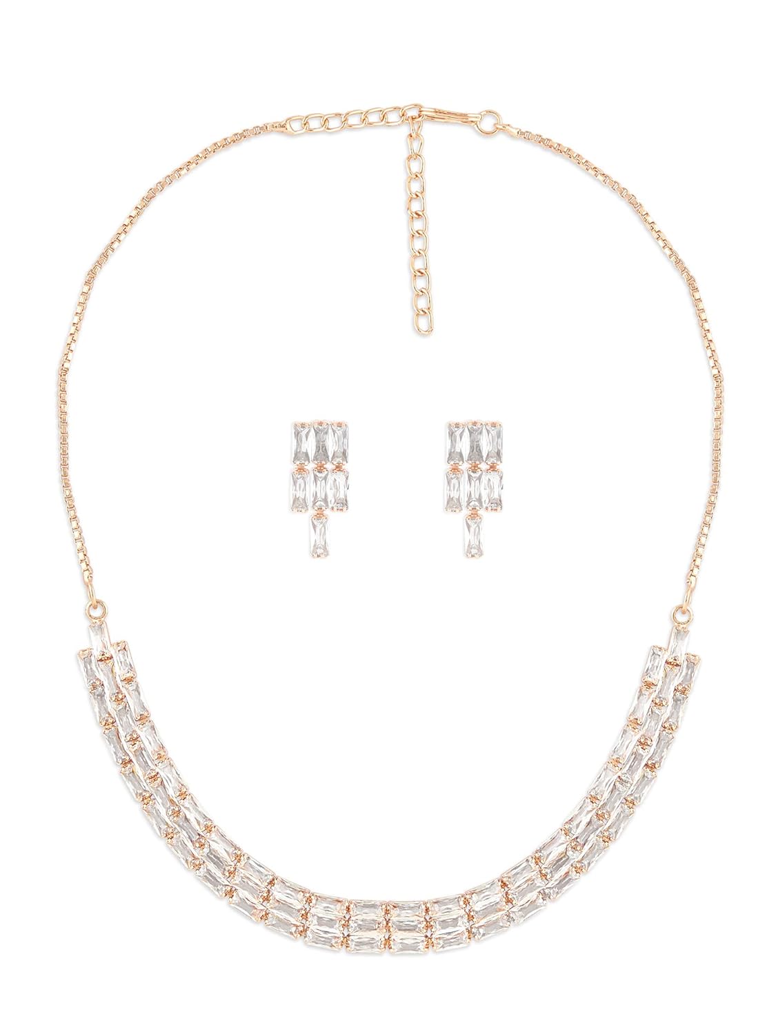 Ami Rose Gold Dazzling Baguette Cubic Zirconia Bling Necklace Earring Set For Women-ZPFK20376