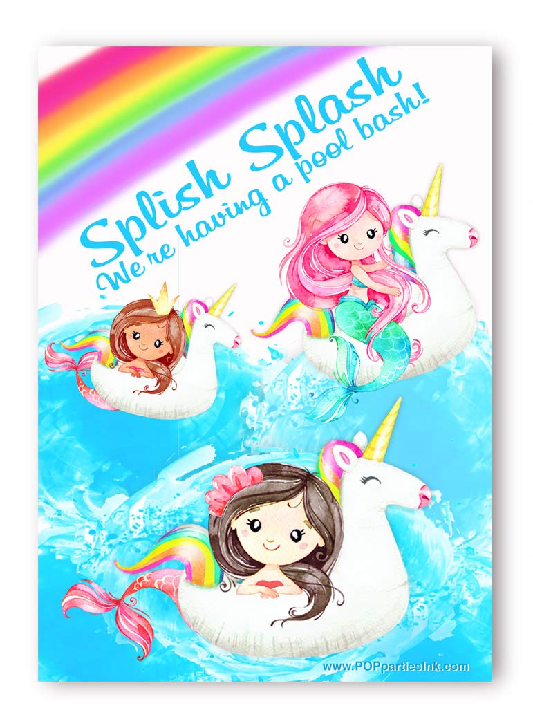 Mermaid Unicorn 20 Invitations - 20 Invitations + 20 Envelopes - Double Sided - Pool Party Invitations - Mermaid Party Supplies - Unicorn Party Supplies - Mermaid Unicorn Party - MU 20ct