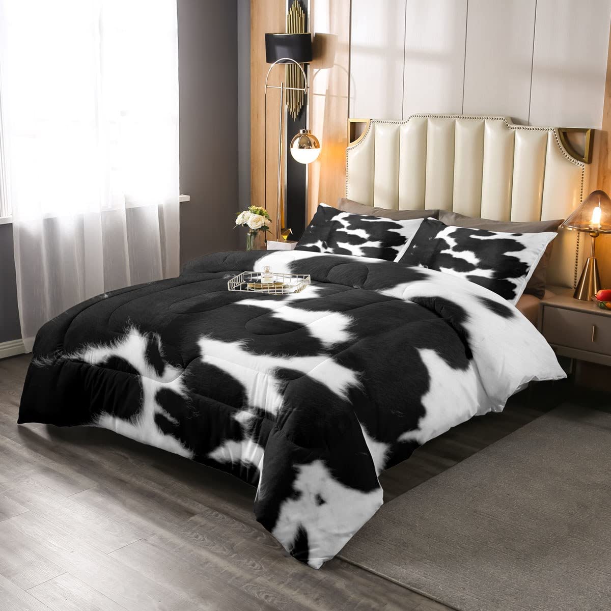 Cowhide Comforter Set Twin Size Cow Print Bedding Set,Chic Cow Hair Skin Down Comforter for Kids Children,Black and White Bedding Set,Rustic Farmhouse Animal Hair Quilt Set 2 Pieces
