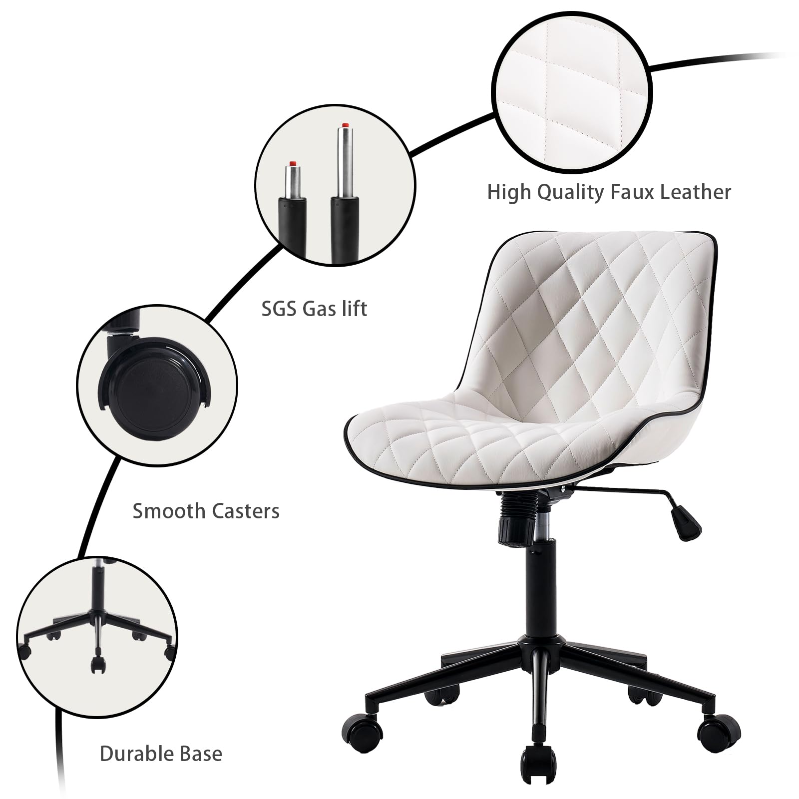 YOUNUOKE Office Chair Desk Chair with Wheels, Gaming Chair Computer Chair Vanity Chair, Ergonomic Office Chair Upholstered Swivel Desk Chairs Faux Leather, White