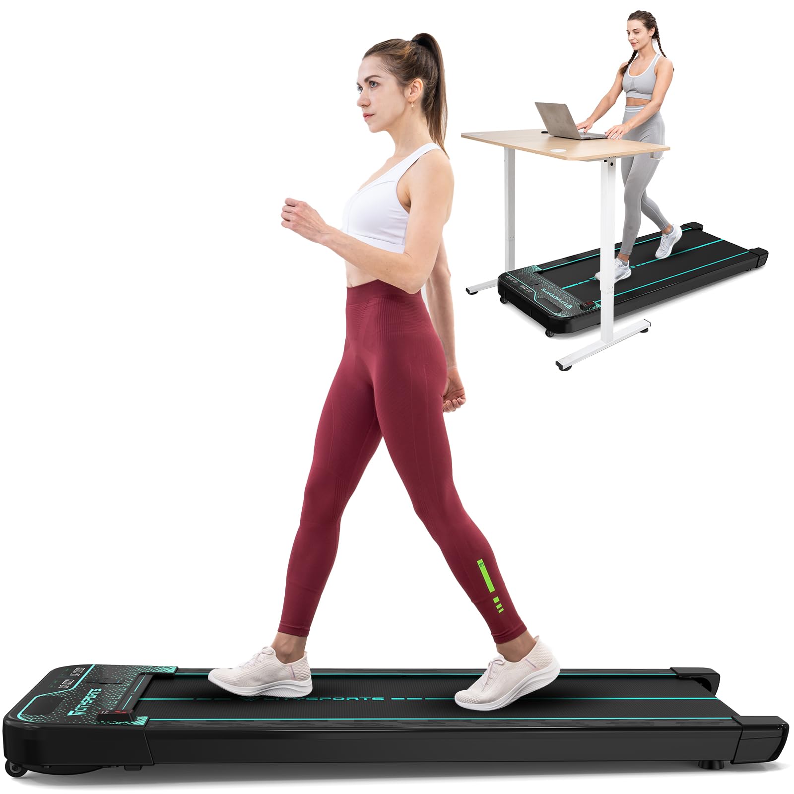 Treadmills for Home, Under Desk Treadmill Walking Pad with Audio Speakers, Slim & Portable Remote Dual LED Display, Office Home (Black and Green)