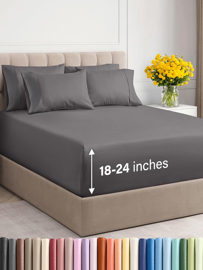 Extra Deep King Sheet Set - 6 Piece Breathable and Cooling Sheets - Hotel Luxury Bed Sheets Set - Easy & Secure Fit - Soft, Wrinkle Free and Comfy Sheets Set - Grey Sheet Set with Extra Deep Pockets