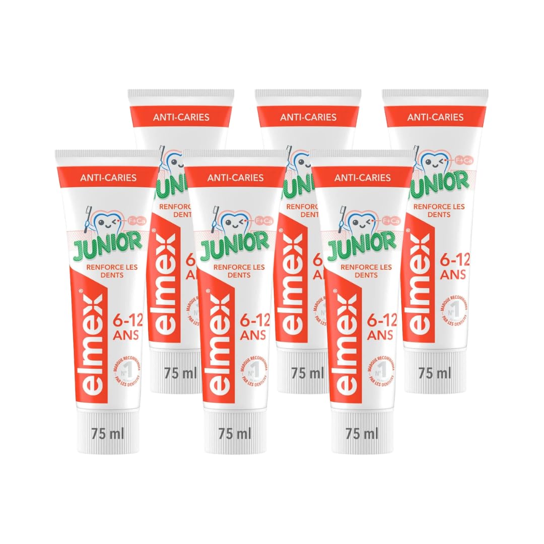ELMEX - Dentifrice Enfant, 6-12 Ans, Formulé pour Prendre Soin des Nouvelles Dents Permanentes, Protège Contre les Caries, Lot de 6 Tubes de 75 ml
