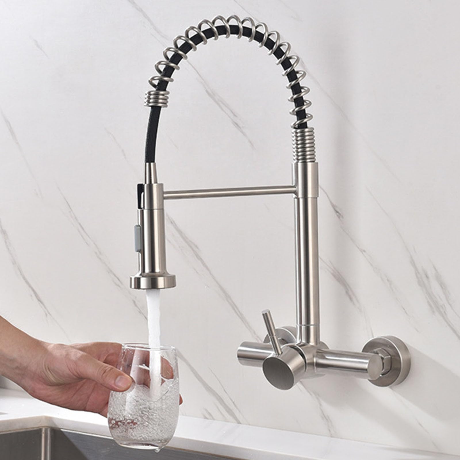 Grifo Fregadero Pared Extraible Cuello de Cisne Monomando Grifos Cocina Fregadero con Muelle,Cepillado