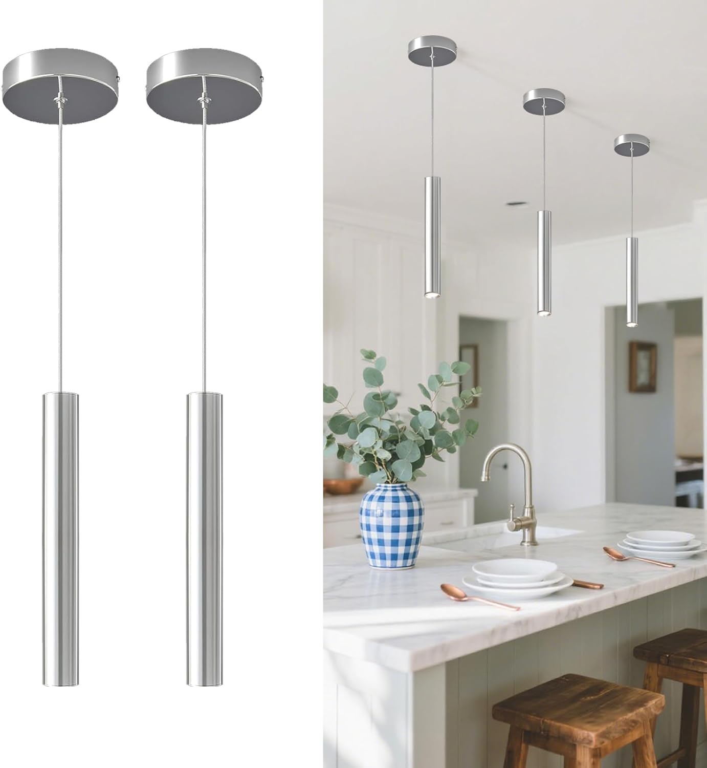 Modern LED Pendant Light Fixtures Chrome Long Tube Pendant Lights 2 Pack Pendant Lighting for Bedroom Dining Room Bar Kitchen Island Hanging Light Height Adjustable, 3000K