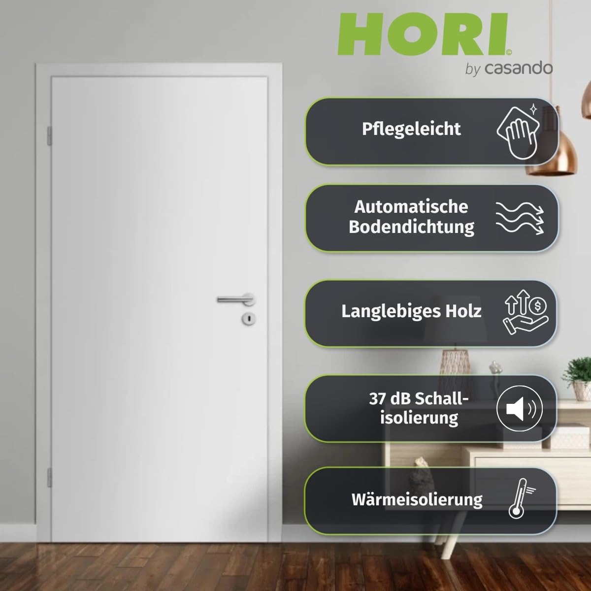 HORI Wohnungseingangstür mit Schallschutz Weiß RAL9016 glatt - DIN A4 links/rechts - massive Vollspan-Mittellage - Designkante & Profilzylinderschloss - ohne Rahmenteile -860 x 2110 x 40MM
