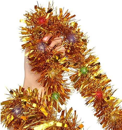 LOKIPA Lighted Gold Christmas Tinsel Garland Decorations,Xmas Tinsel Decoration for Christmas Tree