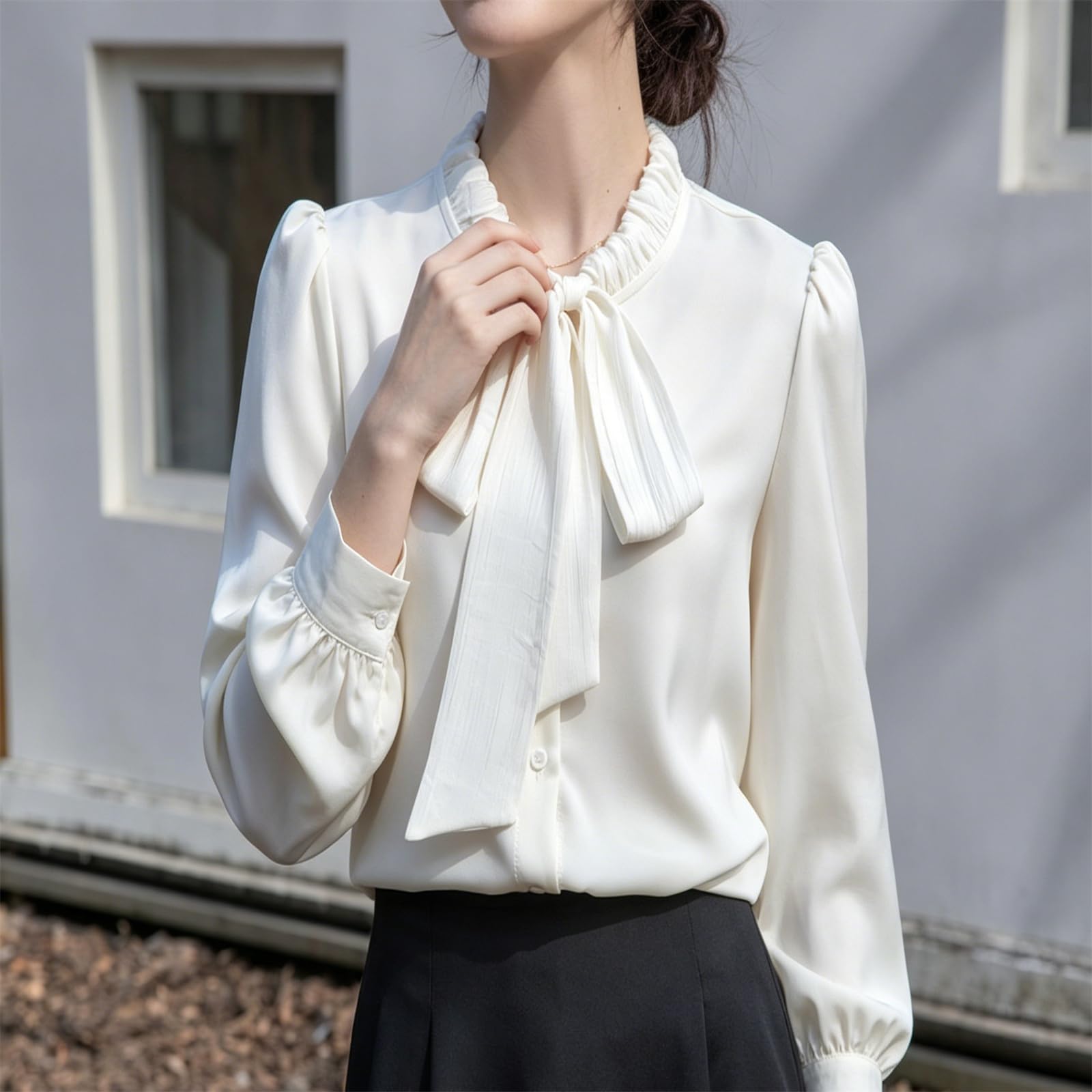 Camicie da donna in raso a maniche lunghe con fiocco, camicia leggera casual elegante per feste, balli scolastici, ufficio, lavoro