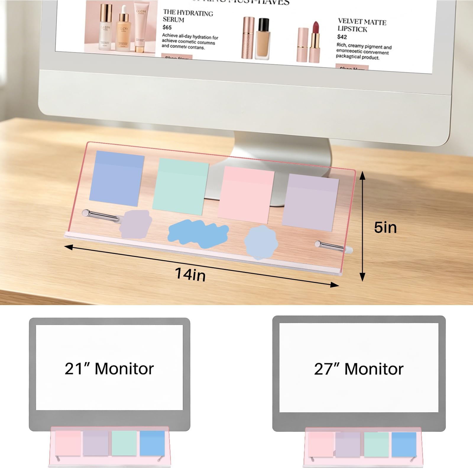 Monitor Memo Board Holder 14"x5"-Pink, Office Organization for Computer Sticky Note Holder, Space-Saving Under Monitor, Movable & Reusable, Cute Desk Accessories for Office & Home Desktop Decor view 6
