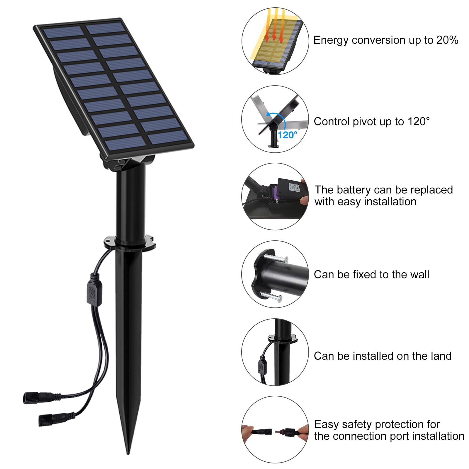 T-SUN Faretto Solare Esterno Lampada da Giardino Solare 2 Modalità di Illuminazione 270 ° Regolabile Impermeabile IP65, Automatico on/off per Alberi, Giardini, Strade, Prati(6000K, 2H)