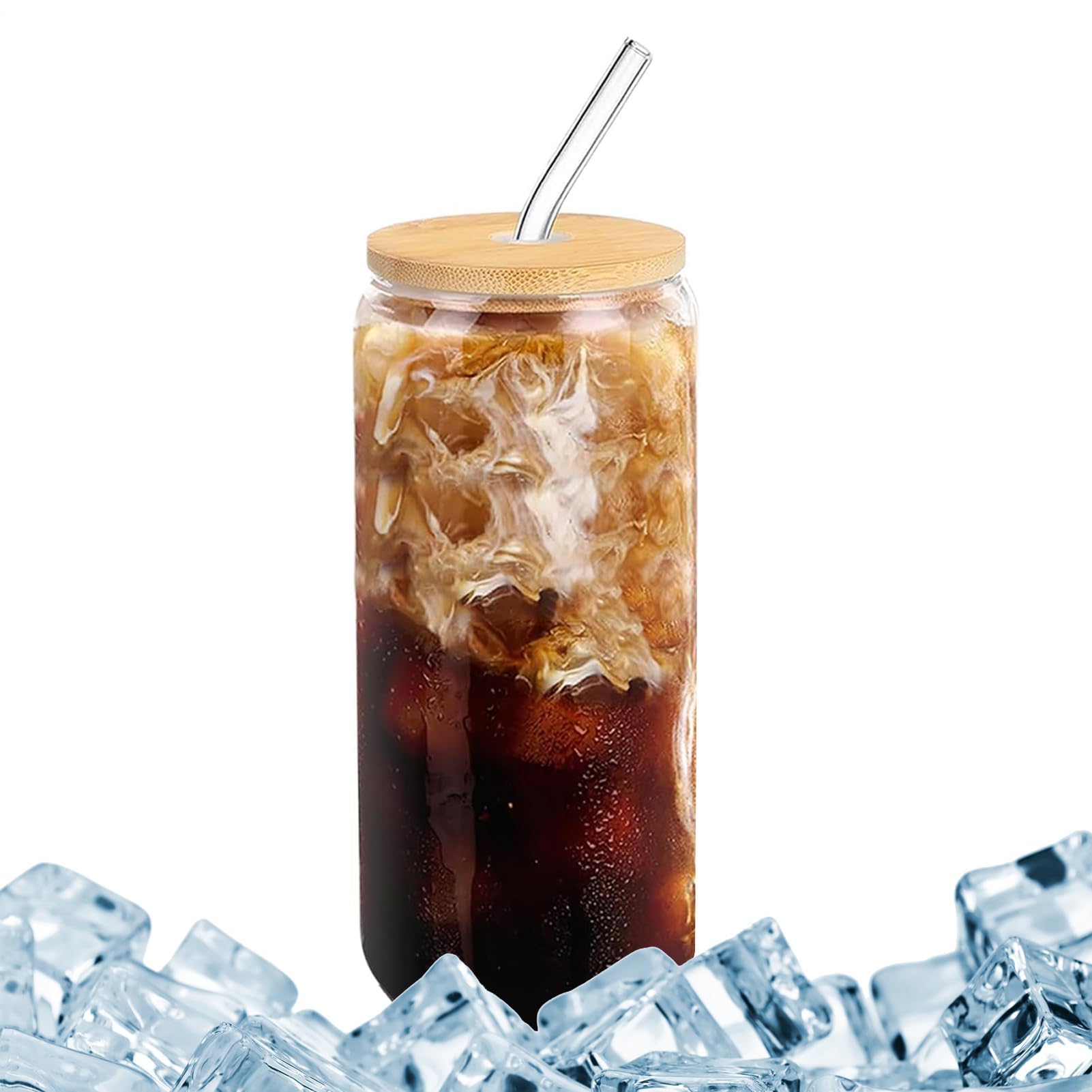 Muiltvoe Iced Coffee Cup Glass | 16oz Clear Leakproof Reusable Drinkware,Glass Jar Drinking Cup with Straw | for Party Summer Travel Bar Home Adults Teens Latte Whiskey Juice