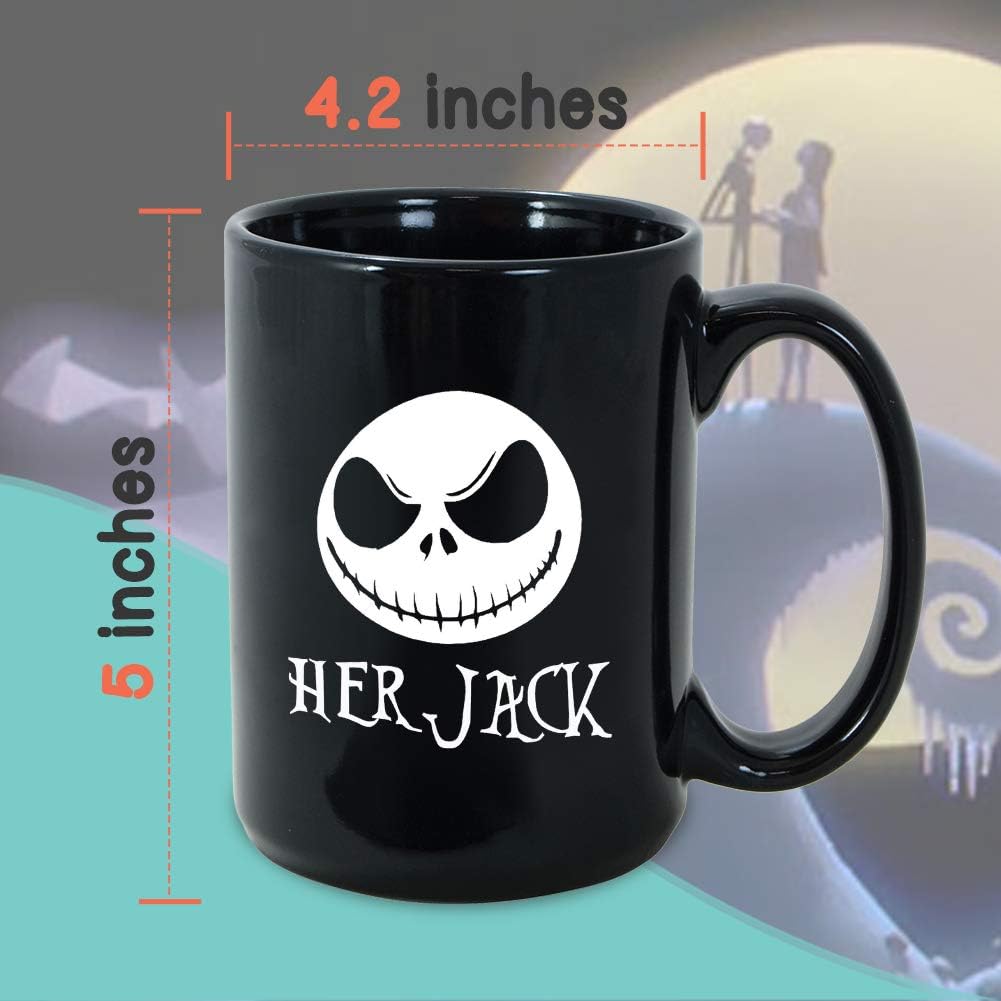 Jack And Sally Halloween Mugs 15 oz, Set of 2 Couple Coffee Mug, Nightmare Horror Ghost Scary Skellington His Sally Her Jack Christmas Gift for Boyfriend Girlfriend, Black