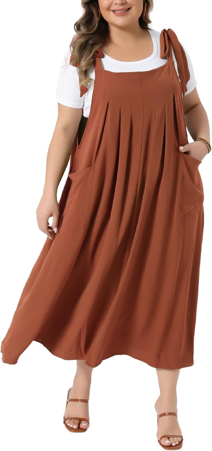 Agnes Orinda Plus Size Pinafore Dress for Women Pleated Jumper Dress with Pockets Tie Shoulder Strap Casual Overall Dress