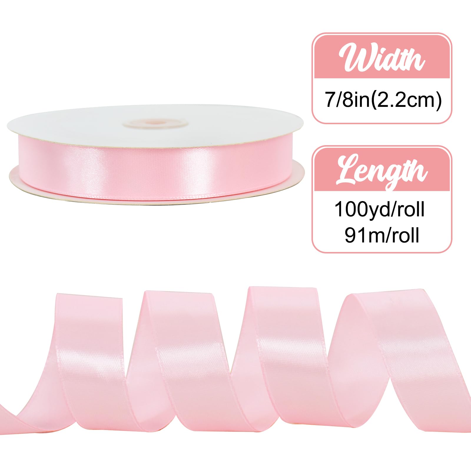 TONIFUL 7/8 Inch x 100yds Pink Satin Ribbon Thin Solid Frabic Ribbons for Gift Wrapping DIY Crafts Bows, Invitations - Image 2