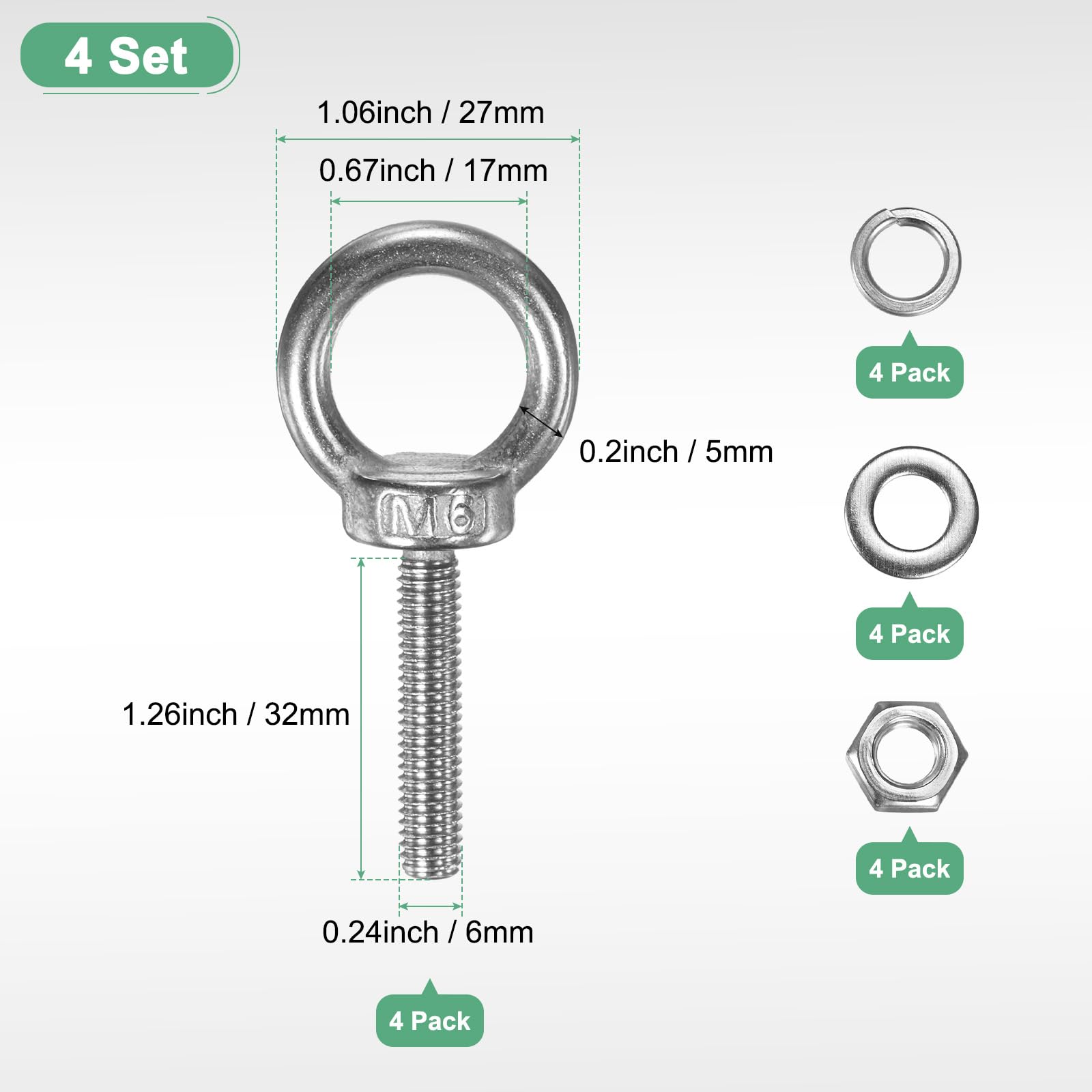M METERXITY 4-Sets Stainless Eyebolt M6x32mm Shoulder Lifting Eye Bolt with Nuts Washers Male Screw Thread Ring Shoulder Eye Bolts Length 1.26 Inch for Suspending/Fastening - Image 3