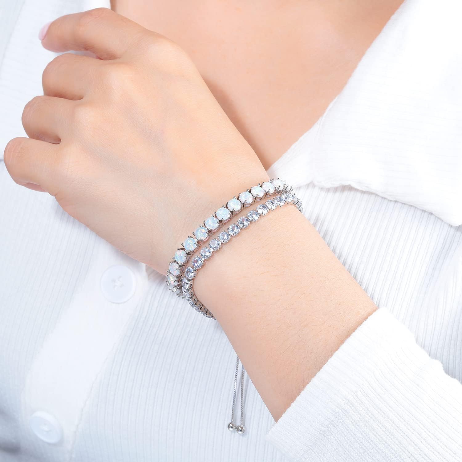 CiNily Adjustable Silver Plated Opal Tennis Bracelet for Women Girls - Fashion Jewelry Gift | Opal Bracelets in Sterling Silver,Rose Gold and Yellow Gold Plating - Image 2