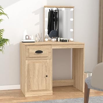 Dressing Table with LED Sonoma Oak 90x50x132.5 cm Engineered Wood Dressing Tables,Girls Dressing Table,Gloss Dressing Table