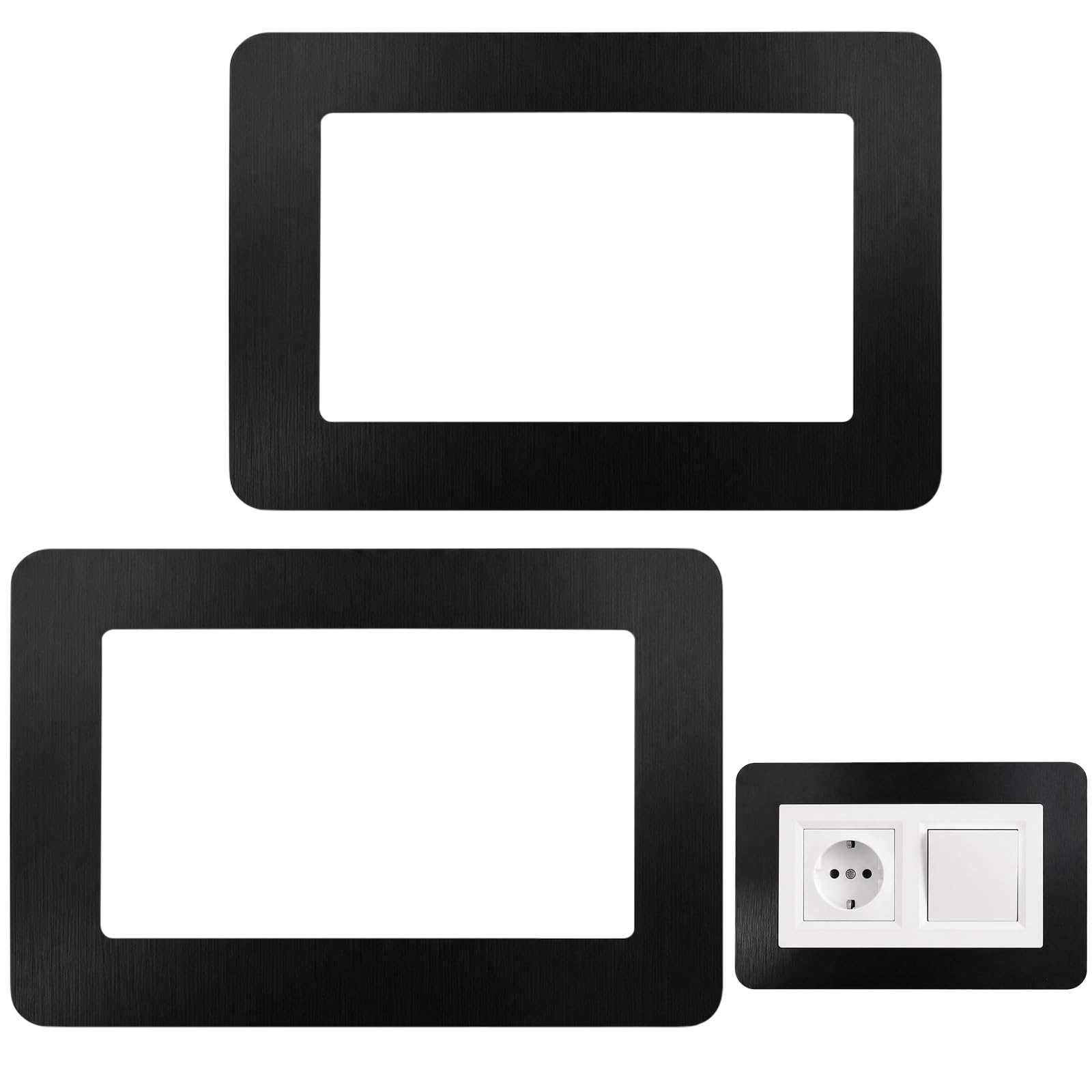 KIPTVO 2PCS Black Light Switch Surround, Aluminium Plastic Panel Double Socket Surround with Adhesive Backing, Decorative Plug Socket Cover Plates for Wall Switches and Outlets 146 × 86 mm