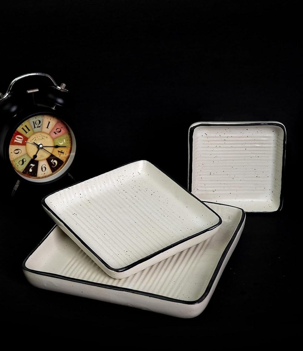 Lupaava Ceramic Platters Set of 3 | Square Platters | Serving Platters | White Base with Dotted Design | (White & Royal Blue)