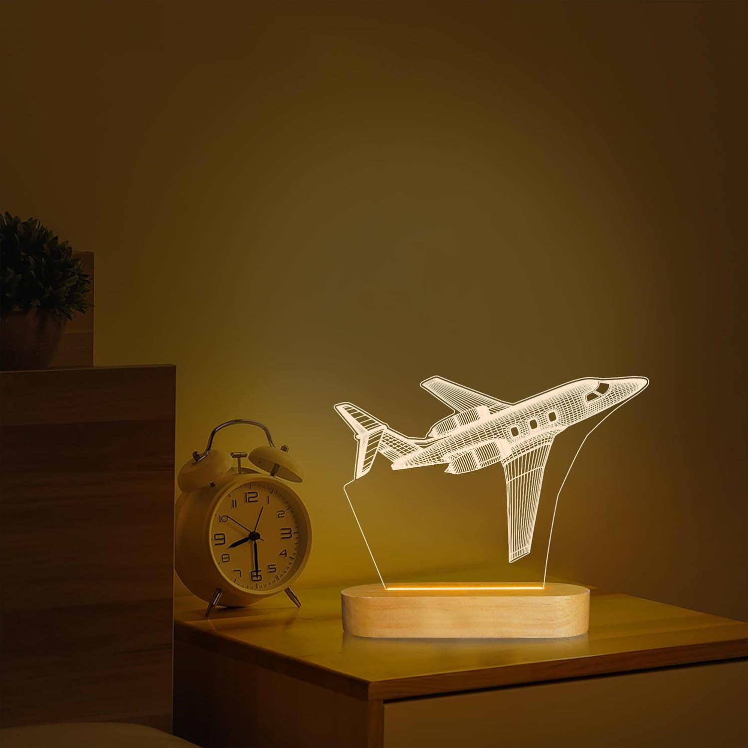 3D Illusion Airplane Night Light for Pilot Gift, Unique Aviation Gifts for Men, Dimmable Wooden LED Lamp with Remote Control for Boys Room Decor, USB Powered Bedside Table Lamp