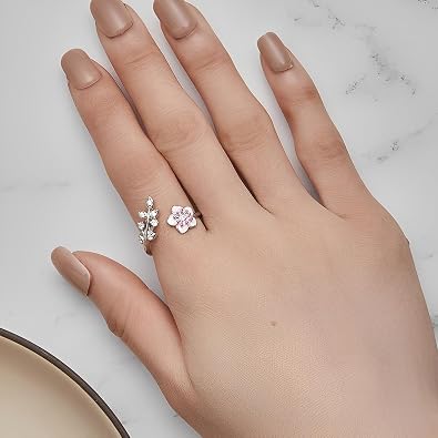 IMINI Adjustable Cherry Blossom Leaf Ring S925 Sterling Silver - Hypoallergenic CZ Crystal Pink Flower Jewellery for Women Girls, Promise & Engagement Rings UK Size O-S