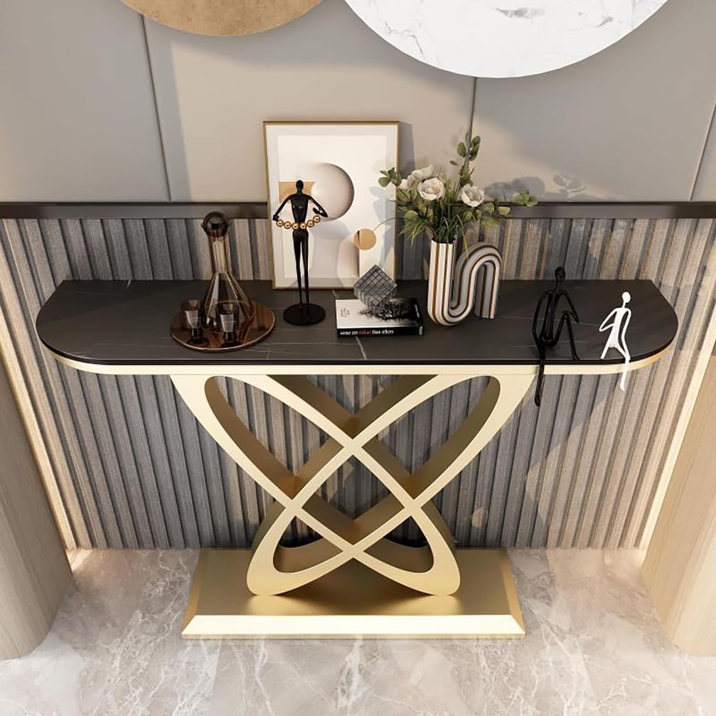 WYRNOBRX 59.06Inch Behind Couch Table with Marble-Look Countertop Living Room Tables Metal Narrow Console for Hallway And Hotel Lobbies Side Decor Cabinet Home,Gold/B,L100*H80*W30