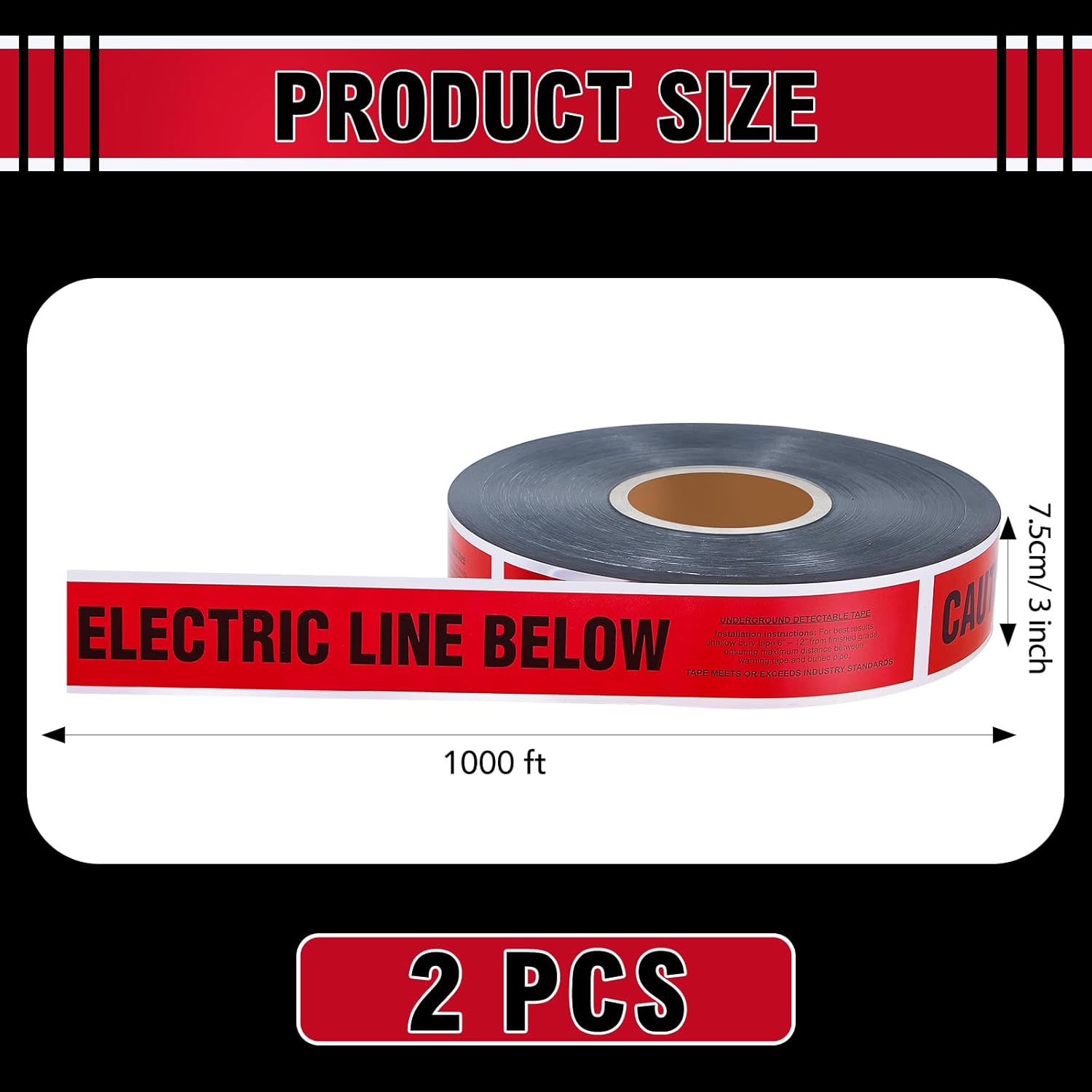 Copkim 2 Roll 3 Inch x 1000 Feet Detectable Safety Tape Buried Gas Line Electrical Caution Safety Warning Tape for Underground Buried Electric Wire Gas Line, Black Print (Red)