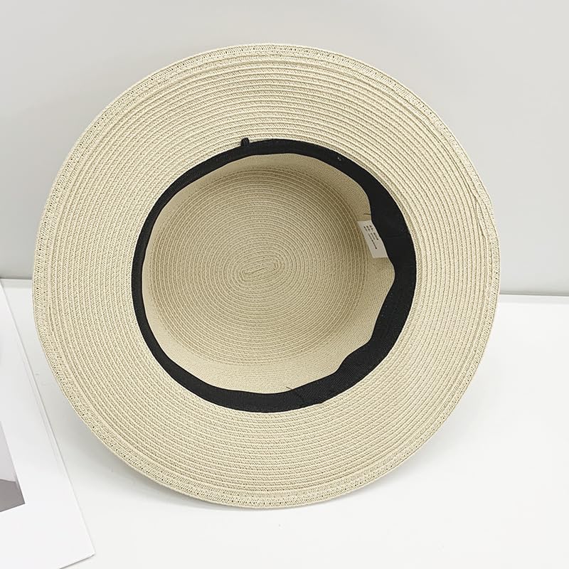 Sombrero de Paja de ala Ancha y Plana para Mujer,Sombrero de Playa con Tul y Diamantes de Imitación,Suave,Ligero y Transpirable