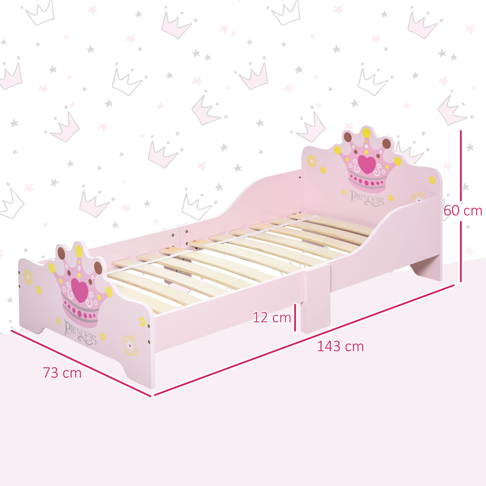 HOMCOM Lit Enfant 140 x 70 cm - lit d'enfant Design Princesse Motif Couronne - sommier à Lattes Inclus - MDF Contre-plaqué Rose
