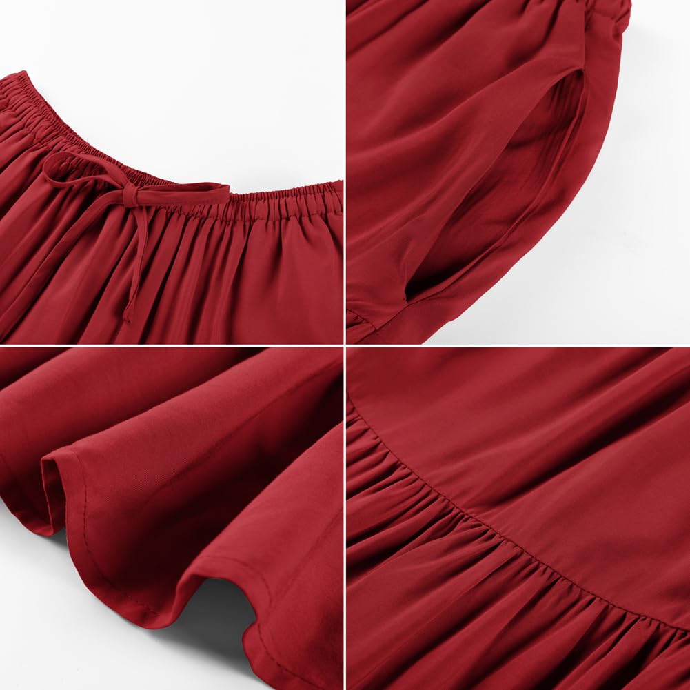 SCARLET DARKNESS Jupe longue bohème fluide pour femme avec taille élastique et cordon de serrage - Jupe trapèze à volants avec poches