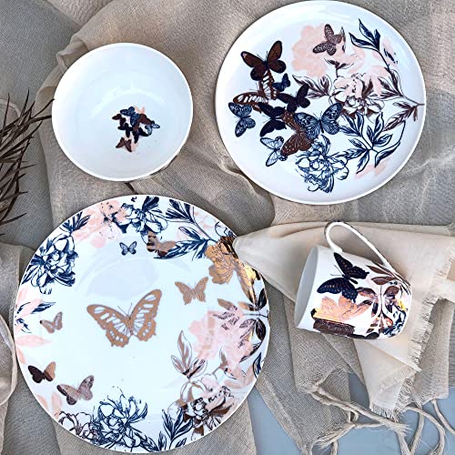 Koken - 16-Piece Dinnerware Set (Service For 4) - Fine Bone China With Design - Butterfly Collection - Blue And Gold - Ideal For Special Occasions Or Every Day #TOP1