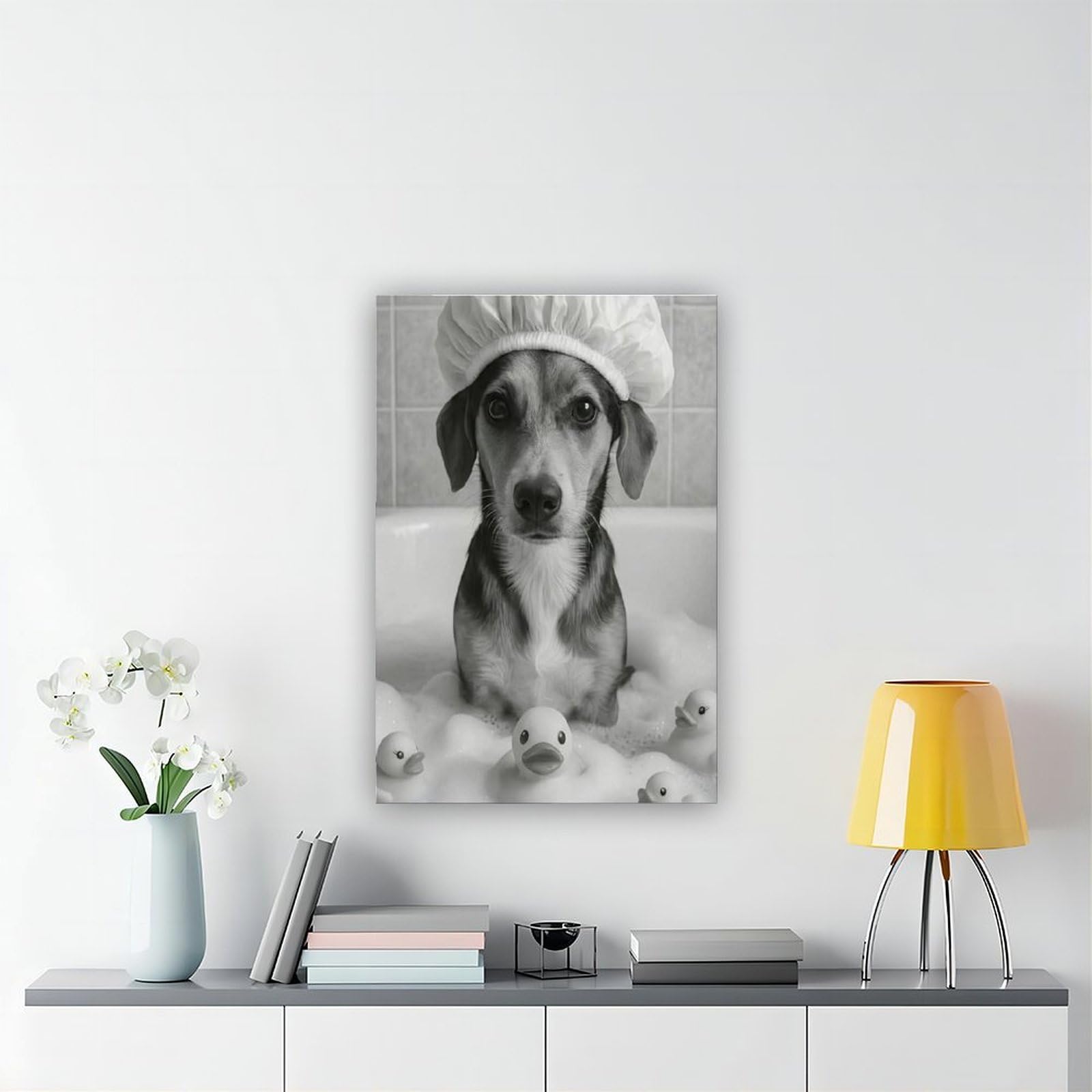 Lustiger Hund in der Badewanne, niedlicher Welpe mit Duschhaube, Leinwandposter, Wandkunst, Dekordruck, Bild Gemälde für Wohnzimmer, Schlafzimmer, Dekoration, 50,8 x 76,2 cm (L x B)