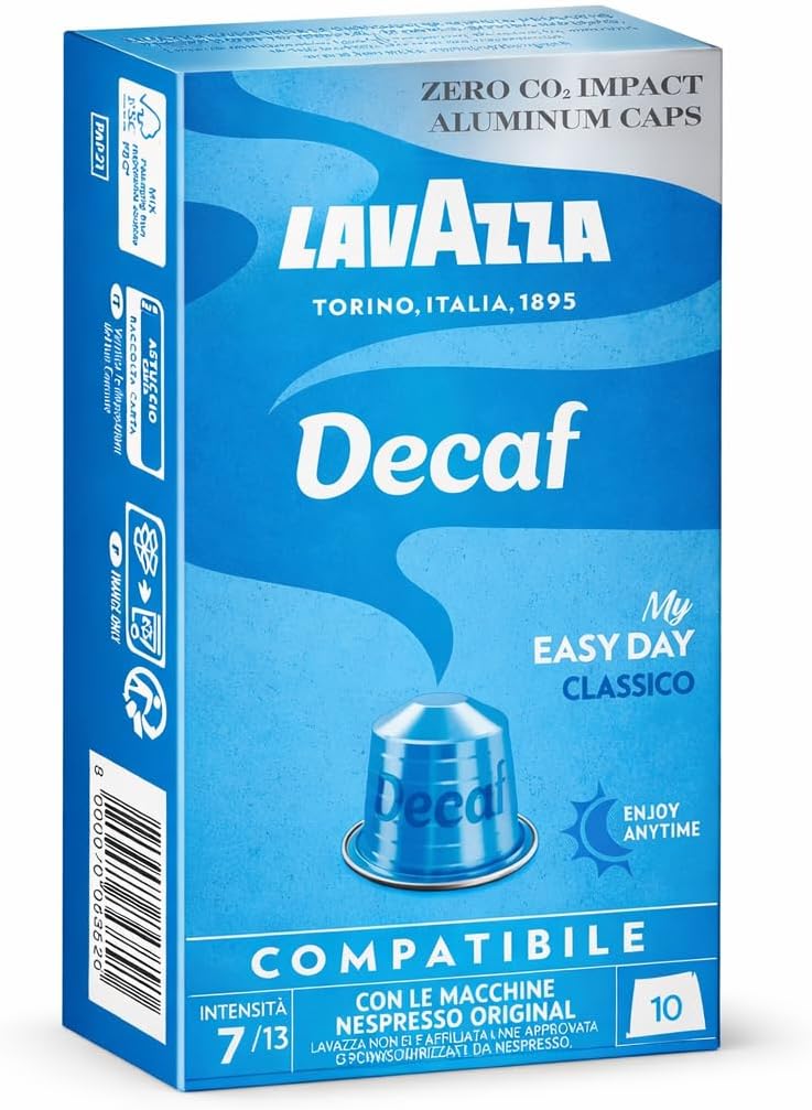 Lavazza Decaf Espresso Coffee Capsules My Easy Day Classico | (10 Pods) 58g Box By Cougar | Compatible With Nespresso Original Machines | Intensity 7/13 | Natural Decaffeination | Method Smooth & Balanced Coffee | Origin Of Italy, Aluminium Capsules, Enjoy Anytime Blend - (IMPORTED-UK)