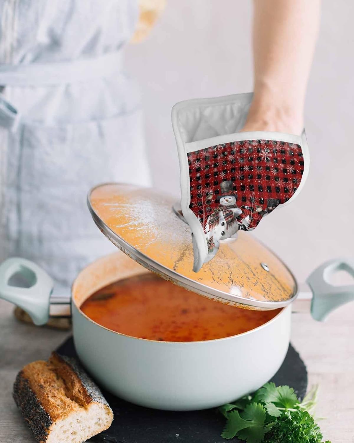 4PCS Pot Holders with Pocket for Kitchen, Red Plaid Christmas Pot Holder Set Heat Insulation Potholders, Snowman Snowflake Winter Oven Mitts Hot Pads for Baking Cooking Barbecue