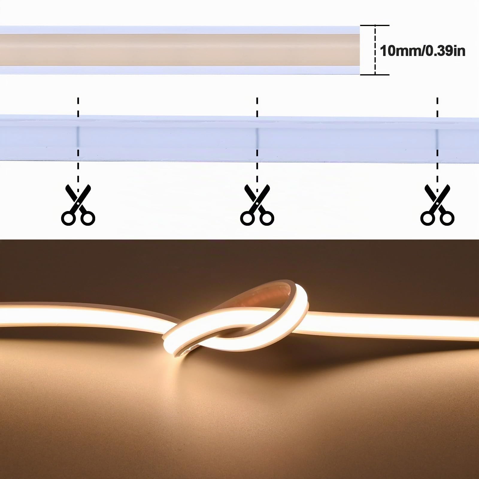 GOMING 24V 10M Neon COB Striscia LED Bianco Caldo 3000K IP67 Impermeabile | CRI 93+ 6300lm Luminosità Uniforme Flessibile Striscia LED Autoadesiva per Arredamento Casa(Alimentazione non Inclusa)